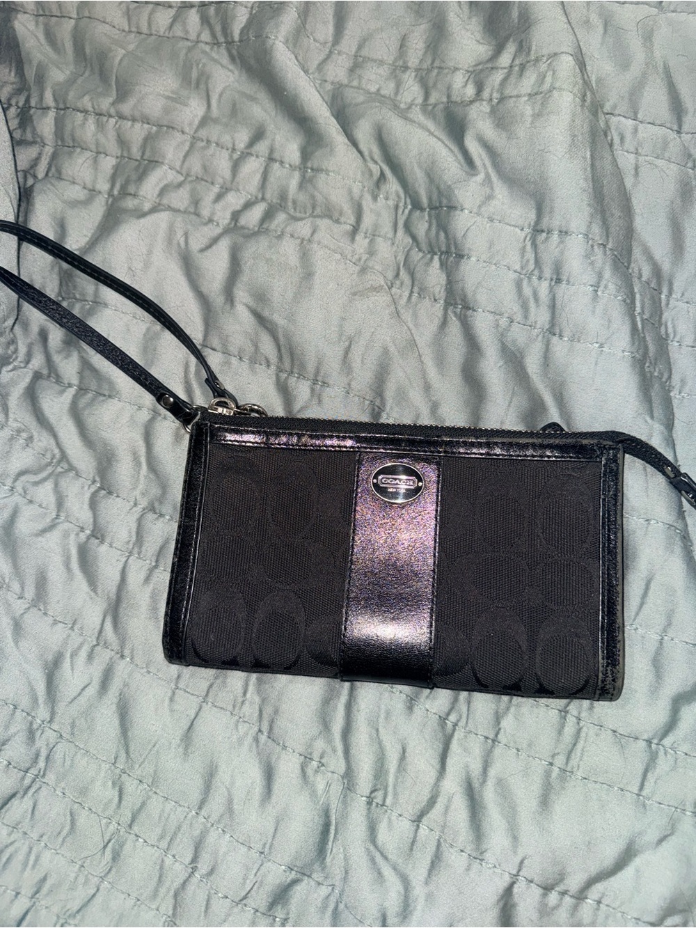 Coach Black Signature Wristlet with Leather Trim